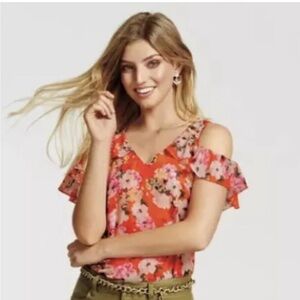 CAbi Lush Ruffle Blouse, Cold Shoulder, Orange Chiffon Floral Print, Lined, Sz S